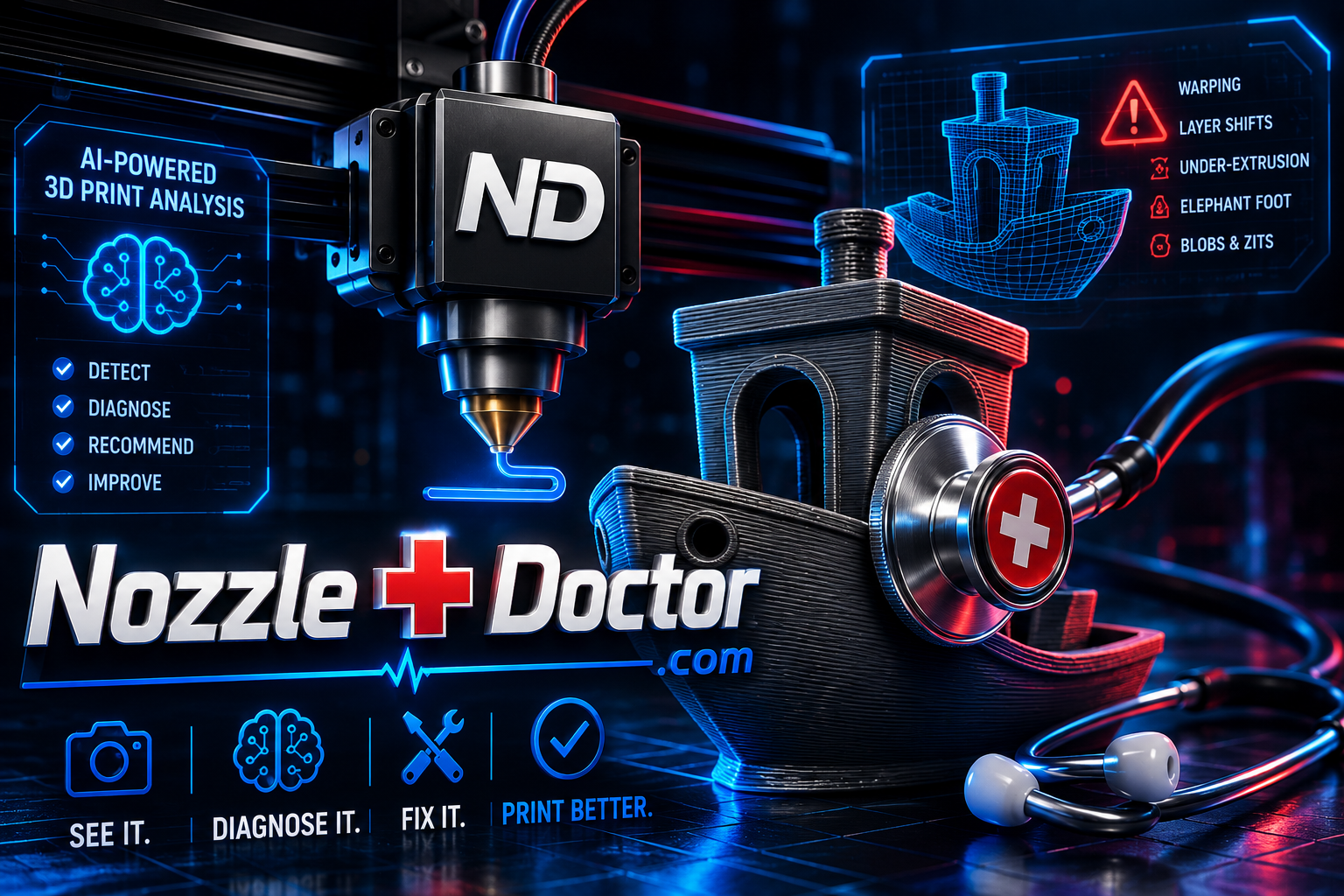 Nozzle Doctor — AI-powered 3D print analysis. See it. Diagnose it. Fix it. Print better.